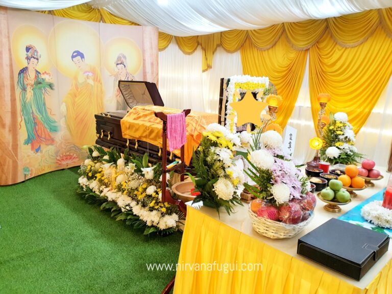 A solemn altar decoration inside a Buddhist funeral organised by Nirvana