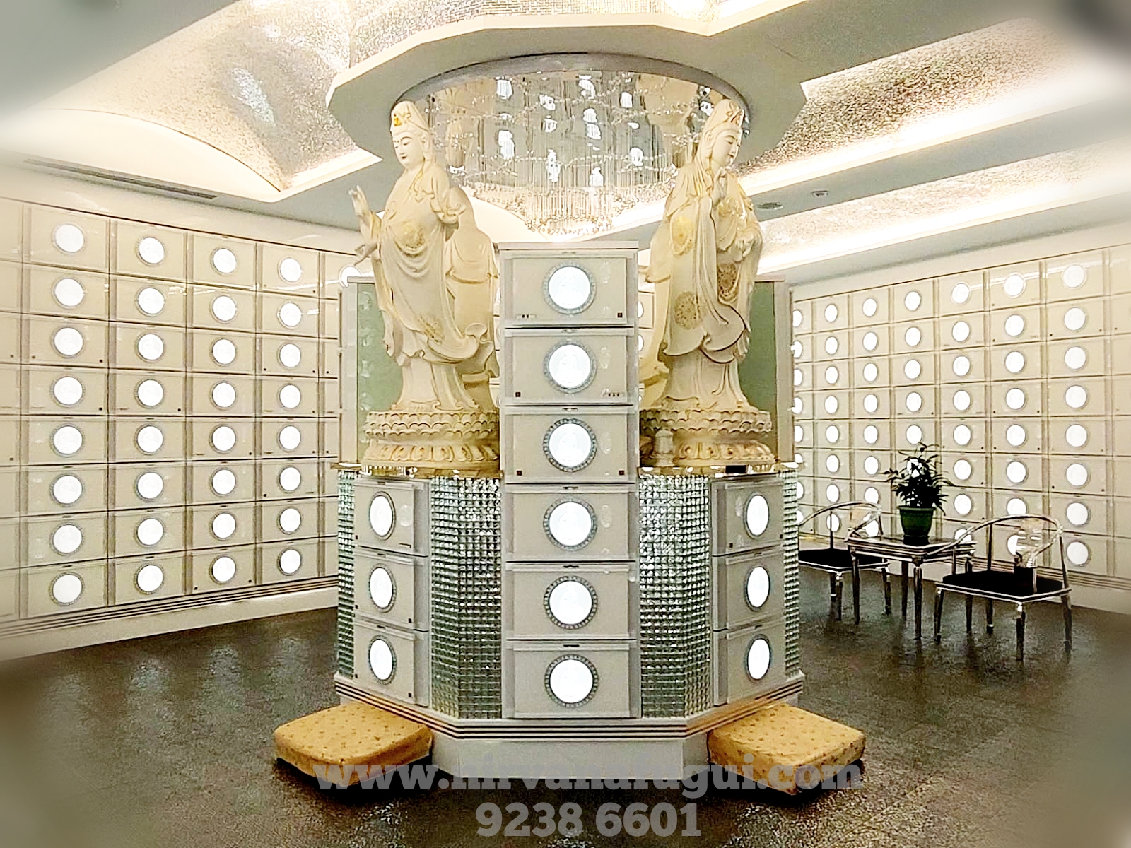 This columbarium has guan-yin statue. The design is clean and white.