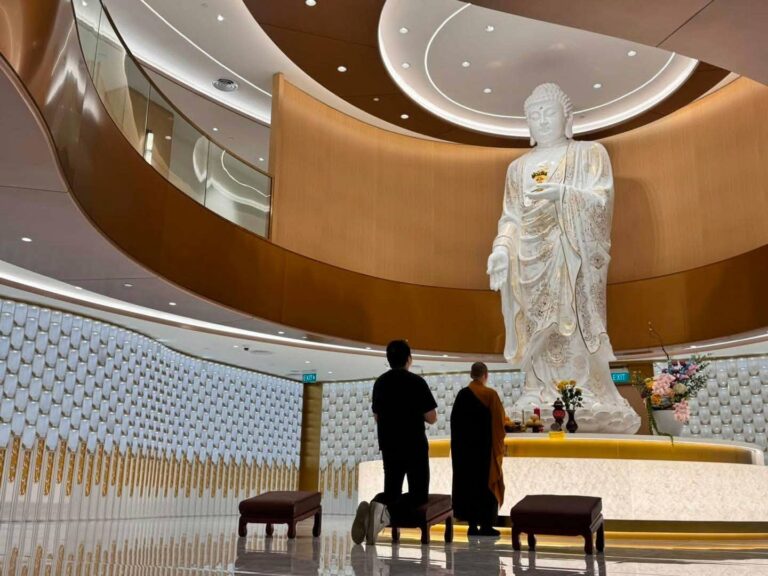 A majestic three-storey-high Buddha statue forms the centrepiece of the redeveloped Thian Leng Temple.